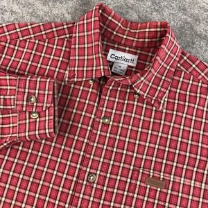 Carhartt Mens M Red Cotton Plaid Long Sleeve Button Down Shirt